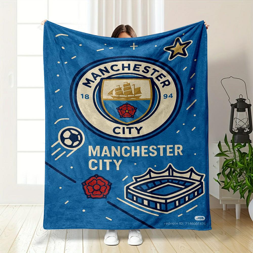 Manchester City logo design with stadium artwork. Flannel blanket for bedroom, living room, sofa, and nap.