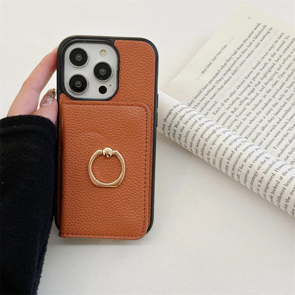 Leather Ring with Card Holder Phone Case for IPhone 15 14 11 Pro Max 13 12 Mini XR XS X Max 8 7 Plus PU Shockproof Shell Cover