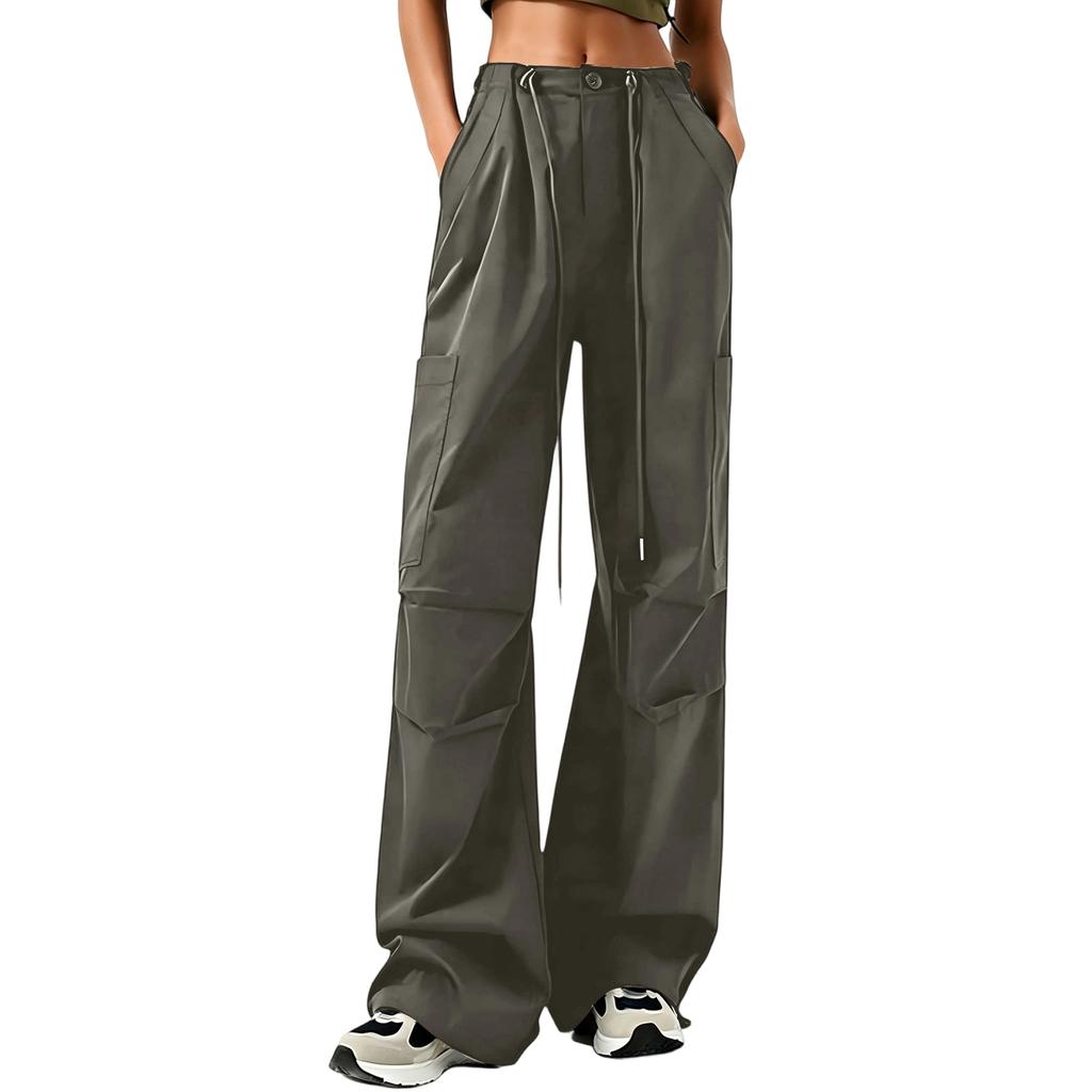 Women's High Waist Wide Leg Cargo Pants Loose Fit Casual Trousers with Pockets Adjustable Waistband and Button Closure