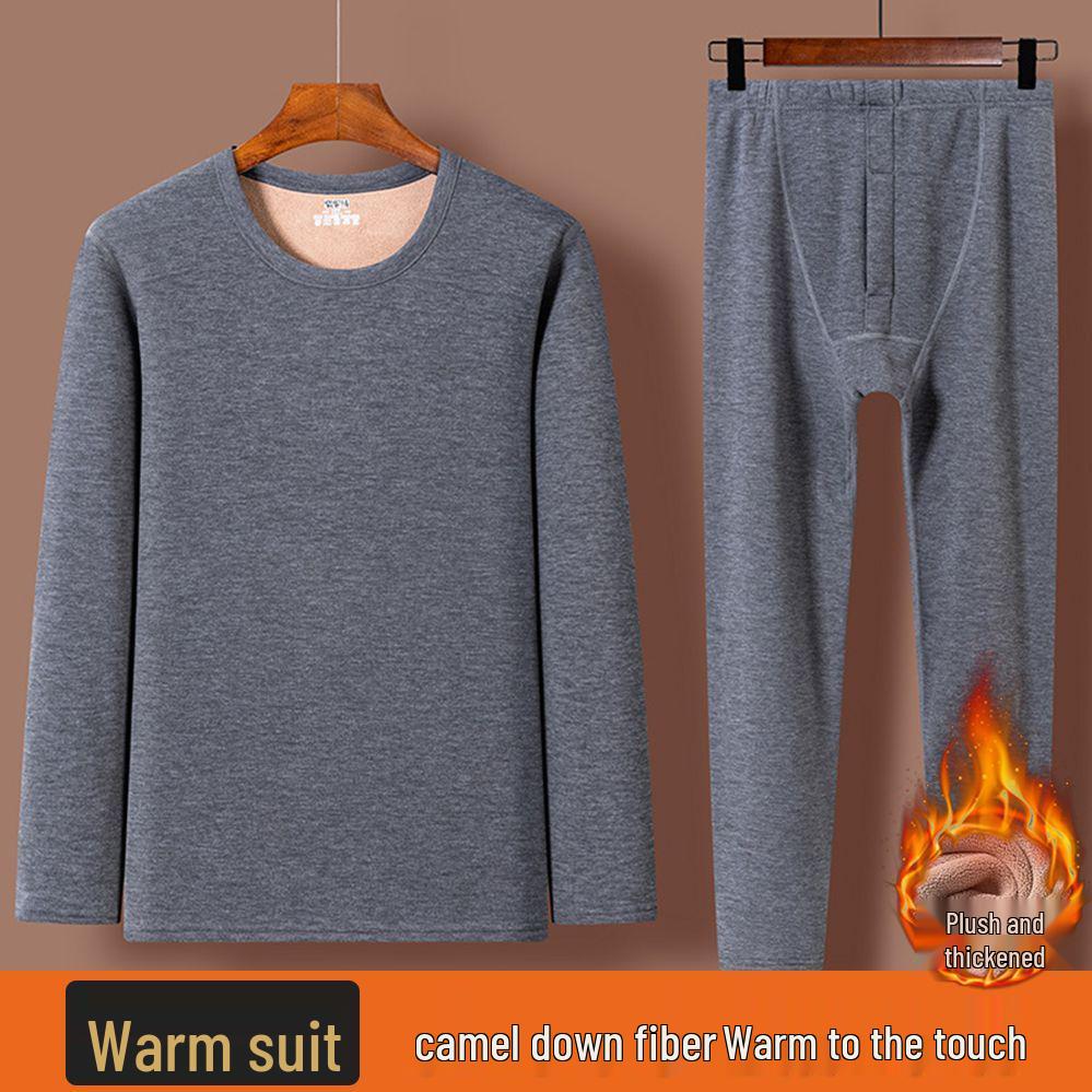 Men's Winter Warm Fleece-Lined Camel Wool Underwear Set - Crew Neck, Quick Heating, for Middle-Aged and Elderly