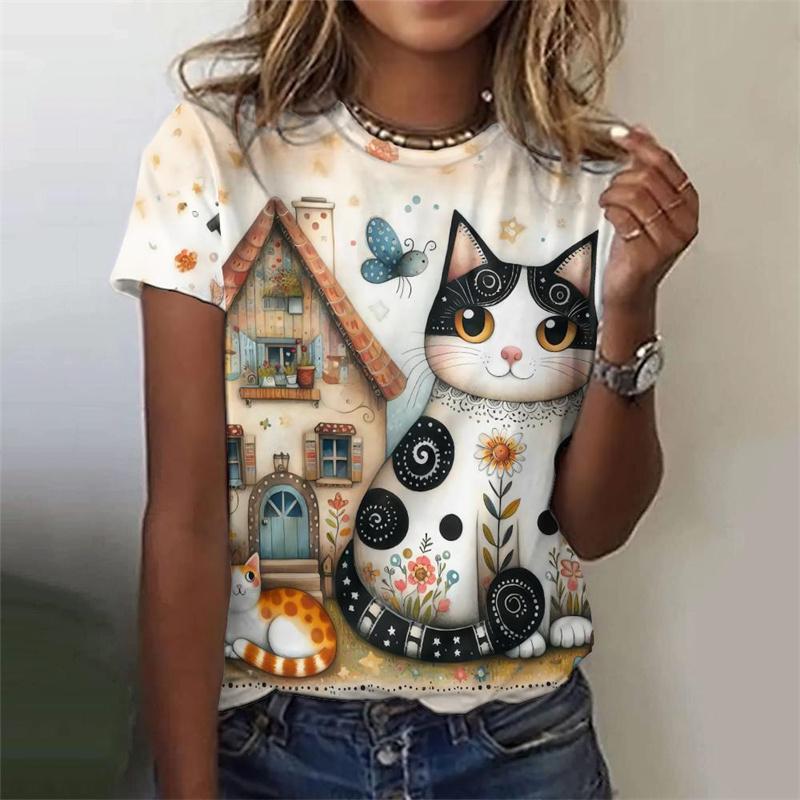 3D Printed Cute Cat T-Shirt For Women Flower Plants Animal Graphic Tees Summer Casual Loose T Shirts O-Neck Tops Short Sleeves