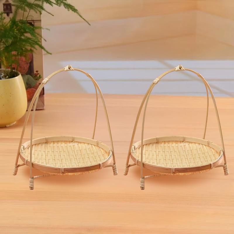 1/2pack Multilayer Bamboo Woven Basket with Handle Fruit Snacks Pastry Tray Versatile Storage for Party Picnic Baking Decor Rack