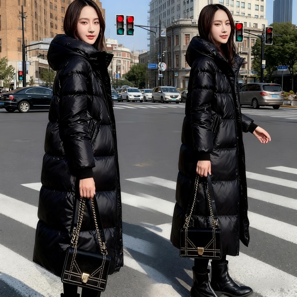 2025 new black cotton coat Korean style long women's cotton coat female thick slim cotton jacket winter skirt