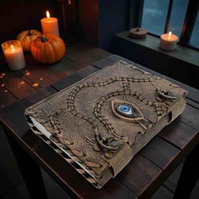 Handmade Leather Spellbook Journal with Evil Eye Design | 5x7” Deckle Edge Paper | 200 Pages | Vintage Horror Grimoire Notebook