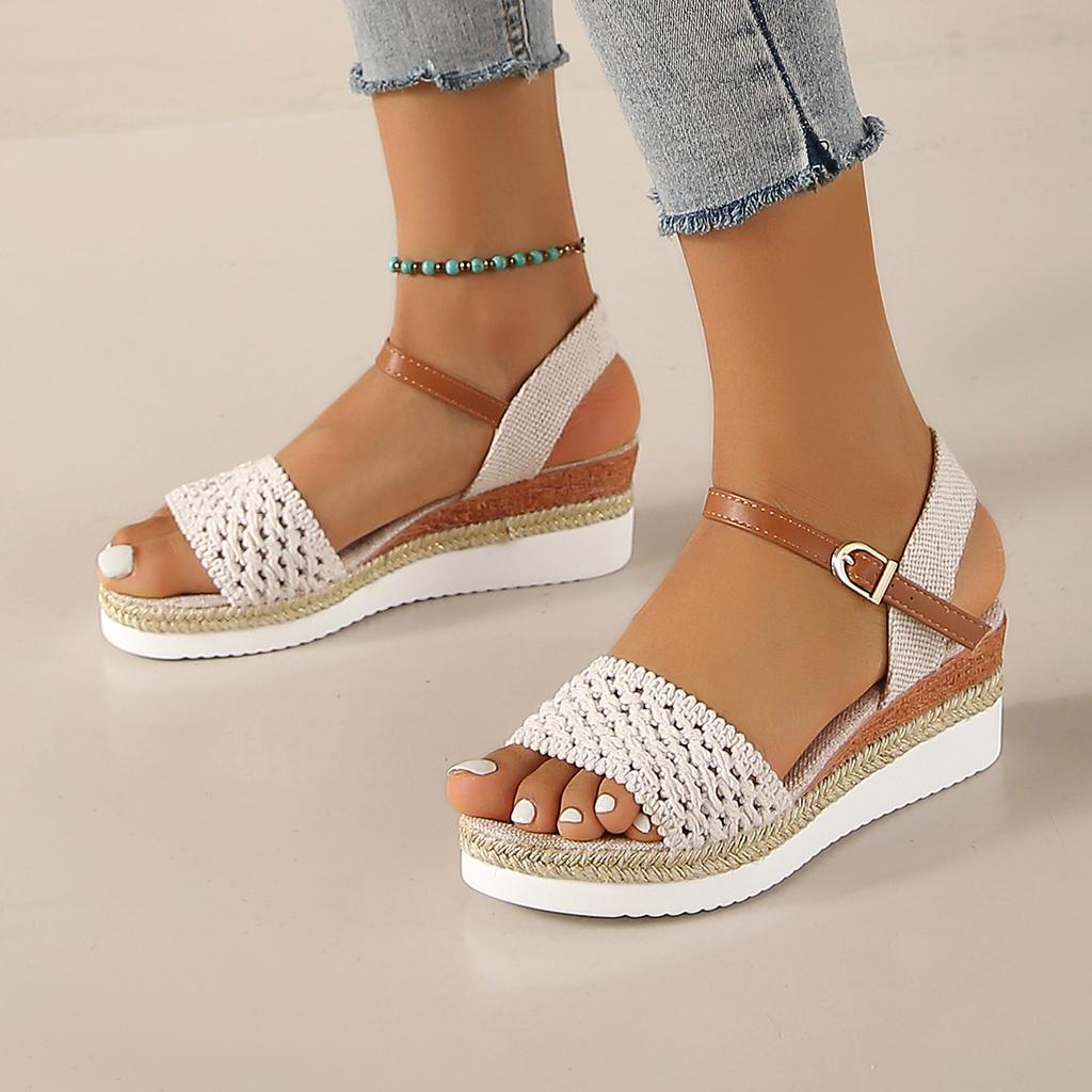 2024 summer new Velcro fish mouth casual shoes color matching flat sandals retro beach shoes women hollow