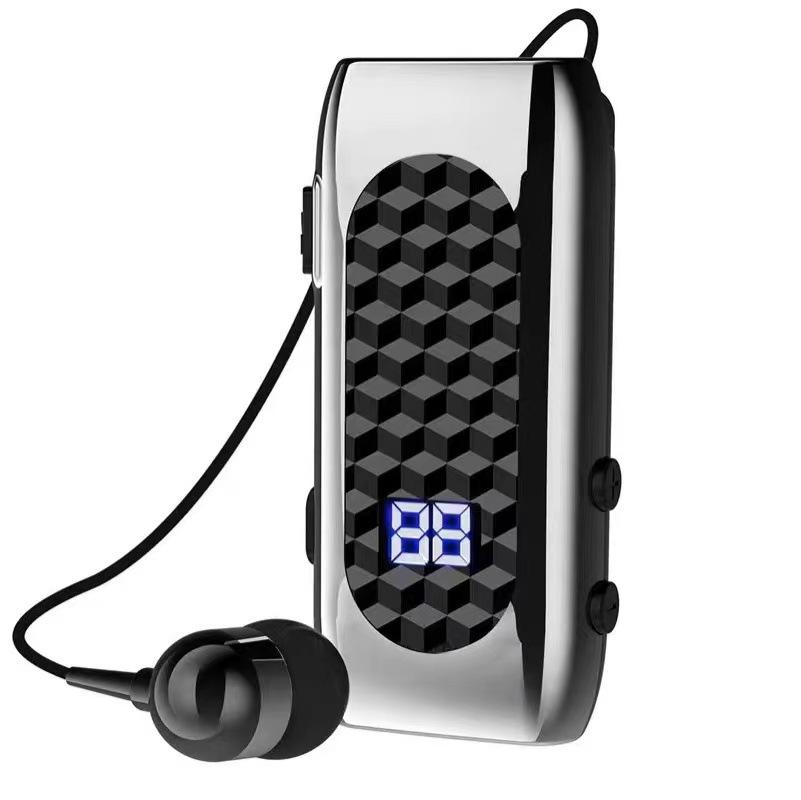 DR13 Clip-On Bluetooth Earphone with Retractable Pull-Out Line, 20H Battery, Digital Display, Business Call Vibration & Number Reporting.