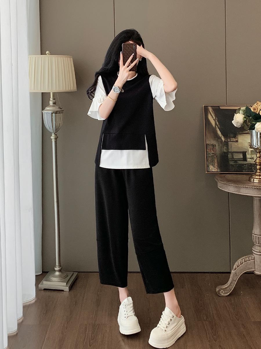 

2025 Summer Women s Casual Sportswear Set: Black Short Sleeve Top & High Waist Wide Leg Pants L чорний