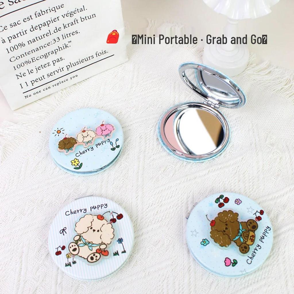 Cherry Dog Cartoon Folding Double-Sided Mini Makeup Mirror - Portable and Perfect for Touch-Ups