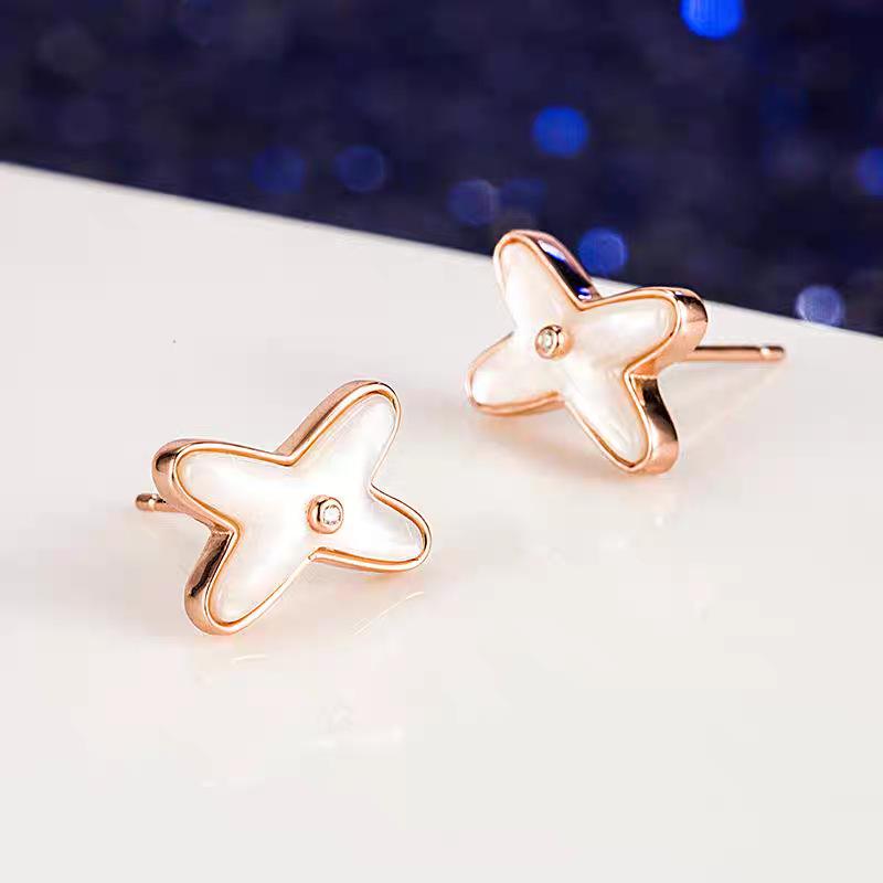 S925 Sterling Silver Korean Cross Earrings with Natural White Mother-of-Pearl 925 Silver розового золота