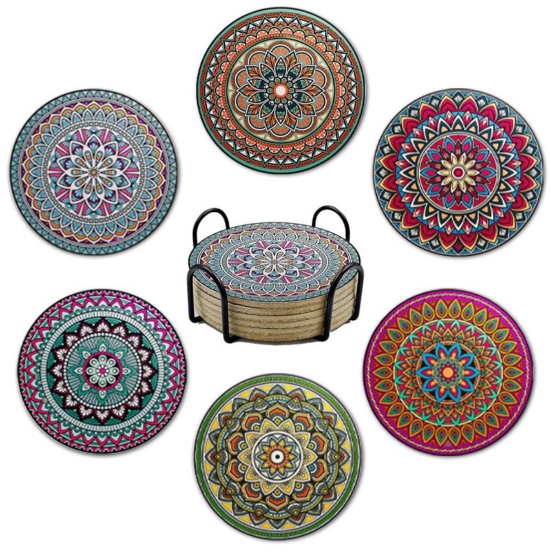 Holz 6-teiliges Sonnenblumen-Mandala-Untersetzer-Set mit Aufbewahrungsständer - Hitzebeständig