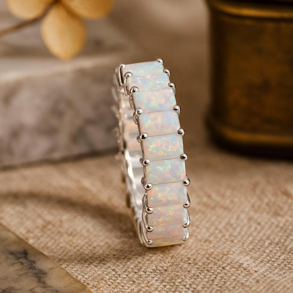 Yellow Gold Plated Opal Eternity Band – 925 Sterling Silver Full Eternity Ring – October Birthstone Bridal Wedding Jewelry Gift for Her