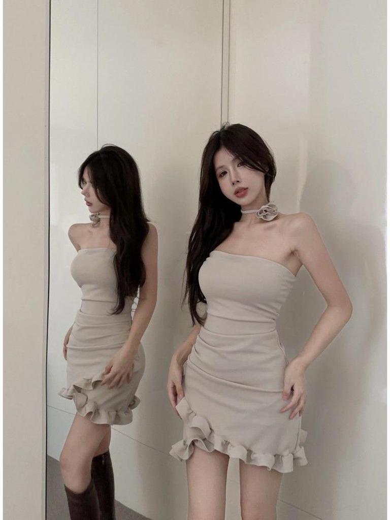 Hepburn-Style Off-Shoulder Ruffled Bodycon Dress - Women's Sexy Summer Strapless Short Skirt
