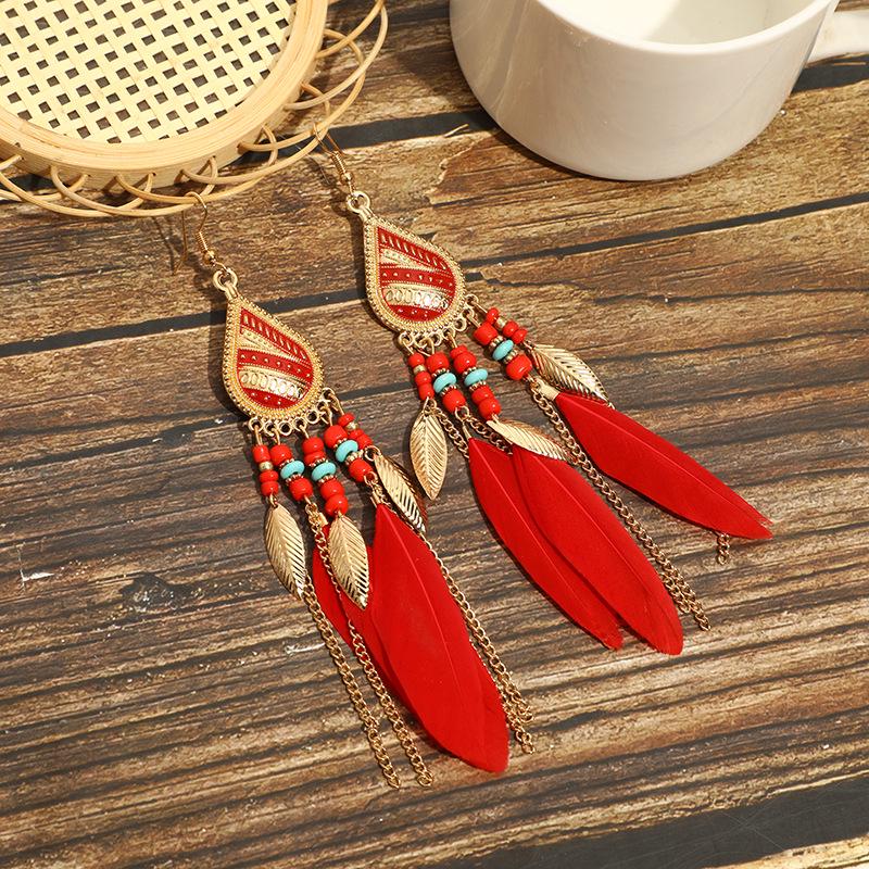 Bohemian Long Tassel Feather Earrings - Trendy Douyin-Inspired Design for Women