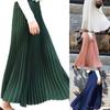 Women Summer Solid Long Dress Elastic Waist Pleated Boho Beach Maxi Skirt