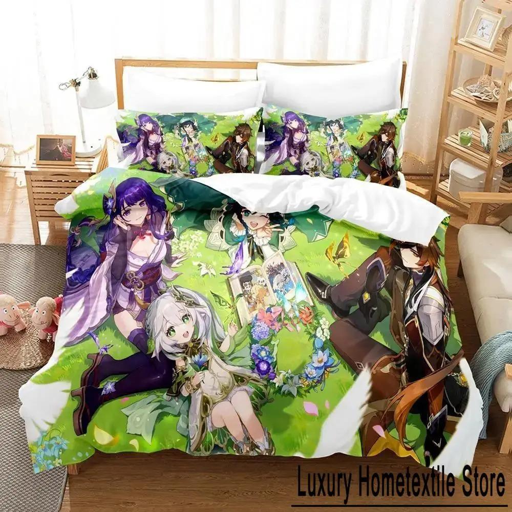 Leicht Atmungsaktiv Neues Spiel Nahida Genshin Impact Cartoon Anime dreiteilig Erwachsene Kinder Schlafzimmer-Sets 3D Kawaii Mädchen Bettdecke