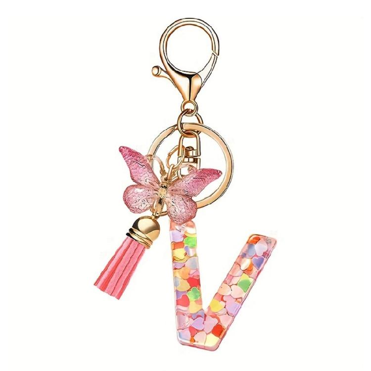 Fashionable Crystal Letter Keychain Sparkling Butterfly Tassels Charm Keyring Ornament for Women Girls Accessories