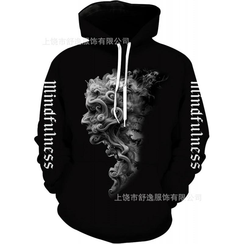 Mens Oversized Hooded Sweatshirt With Digital Print Casual Long Sleeve Top