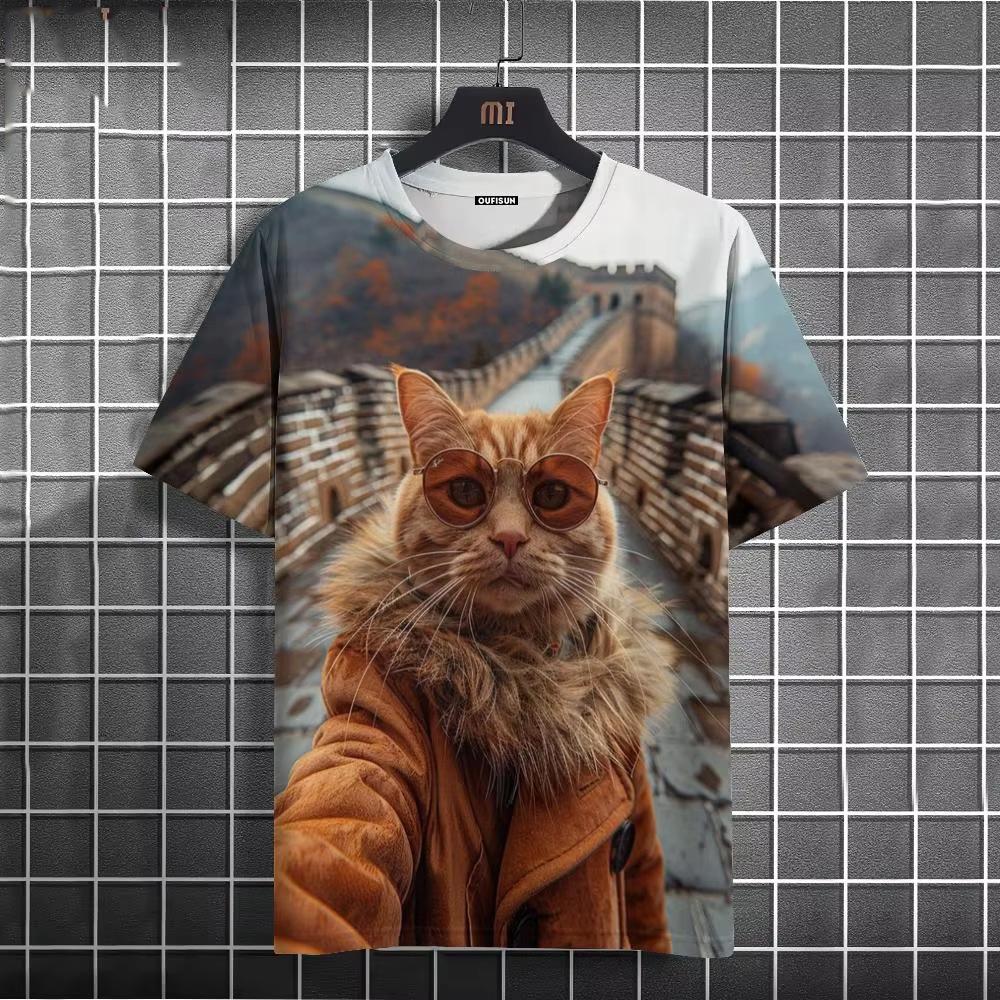 

Летний топ с круглым вырезом и 3D-принтом милого кота, модная повседневная мужская футболка с коротким рукавом XS