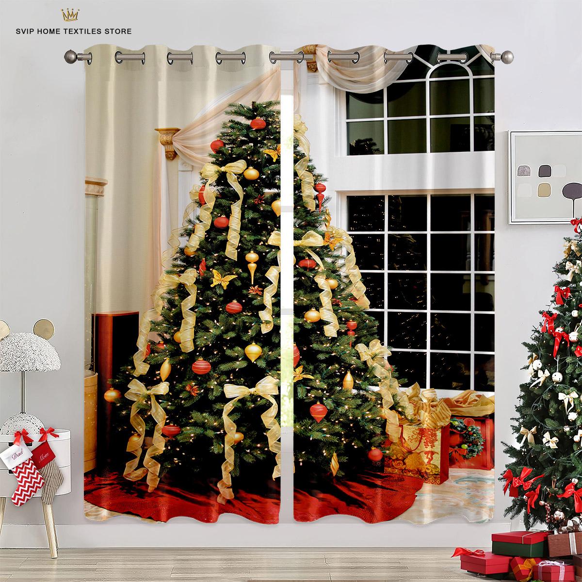 

2 Panels Christmas Decorative Window Curtains Polyester Fiber Machine Washable Bed Chamber Space Main Room Holiday Party Decorative Window Curtains W50X130H(CM)X2PCS&Grommet Top