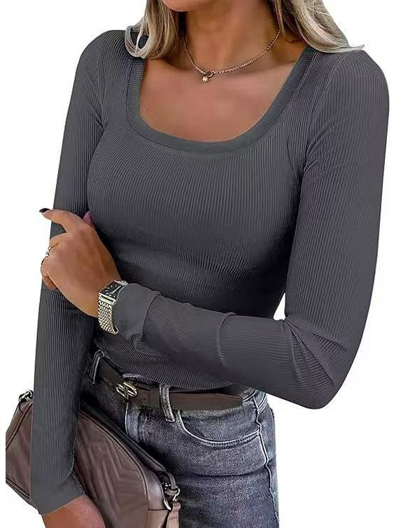 

European and American Long-sleeved U-neck Slim Fit Spring Knit T-shirt for Women Medium сірий колір
