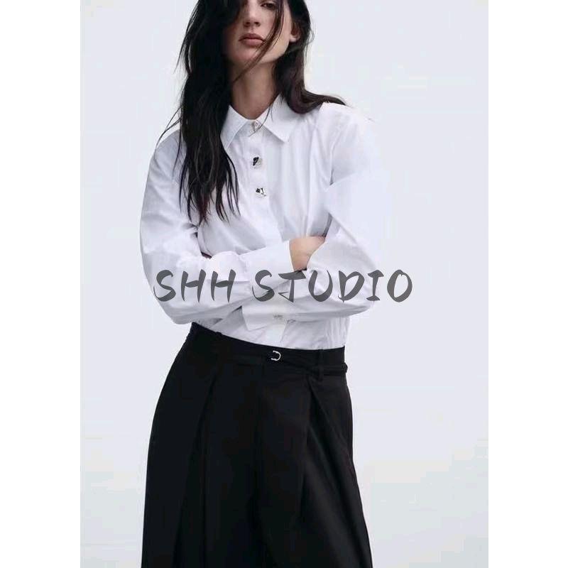 Spring New Women's Clothing French Gold Decorated Row Button Silk Satin Textured Shirt 2138748 9699255