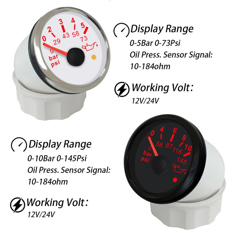 Rhaxel 52mm Oil Pressure Gauge Meter 0-5Bar 0-73PSI 0-10Bar 0-145PSI with Red Backlight with Alarm 12V 24V for Car Yachts