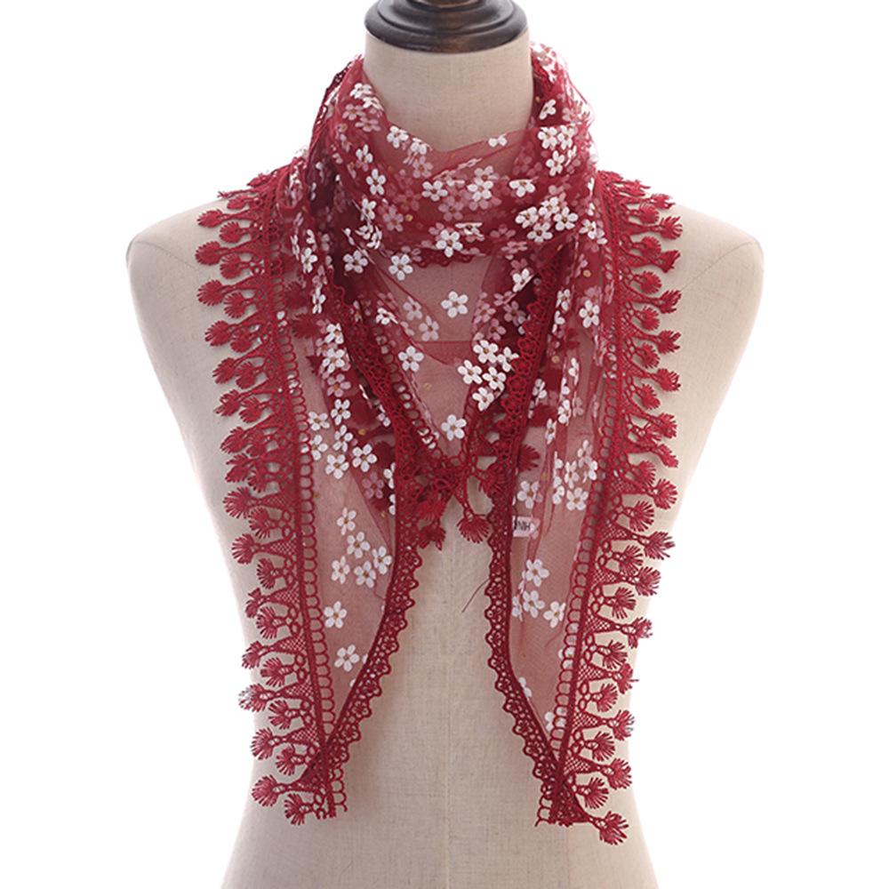 Korean Floral Lace Triangle Scarf with Tassels - Classic Breathable Design for Women