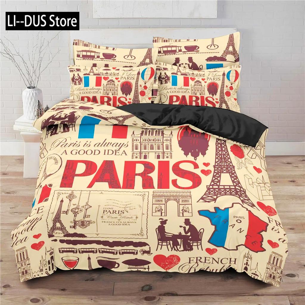 Comforter Eiffel Tower King Size Paris Tower Bedding Set Microfiber French Style Home Decor Grey Cityscape