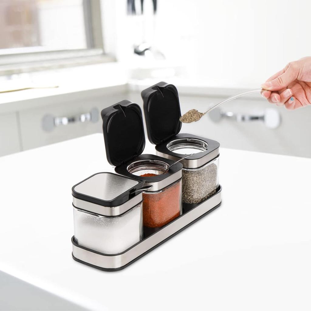DEAYOU 3 Pack Glass Seasoning Box with Tray, Clear Condiment Canister with 18/10 Stainless Steel Lid and Spoon, Kitchen Spice Pot with Base, Salt