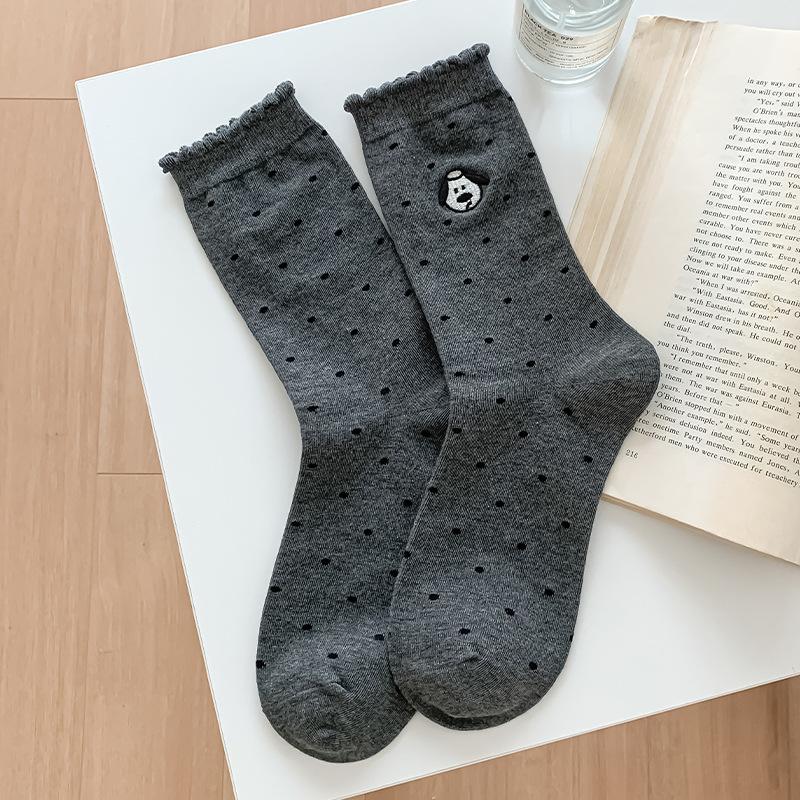 

Женские весенне-осенние вышитые носки с щенками в горошек средней длины 1 pair серый