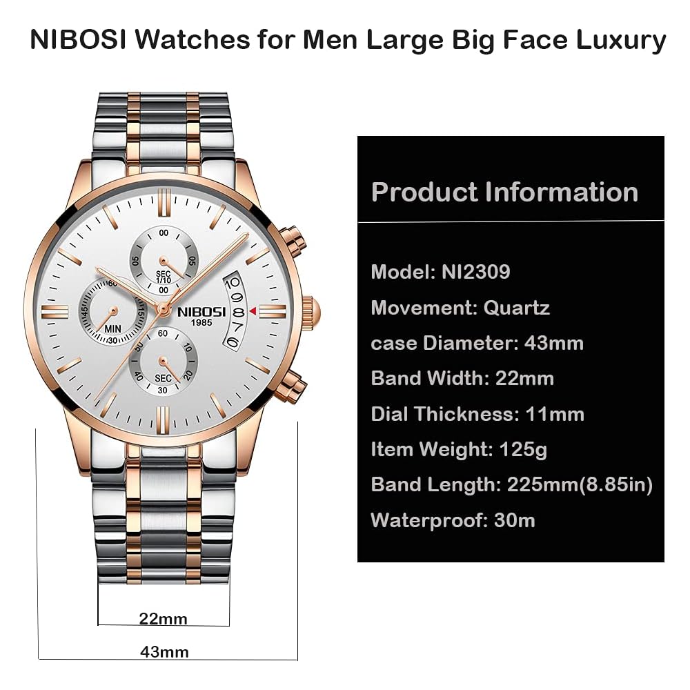 NIBOSI Men's Big Face Chronograph Analog Watch Stainless Steel Casual Date Display