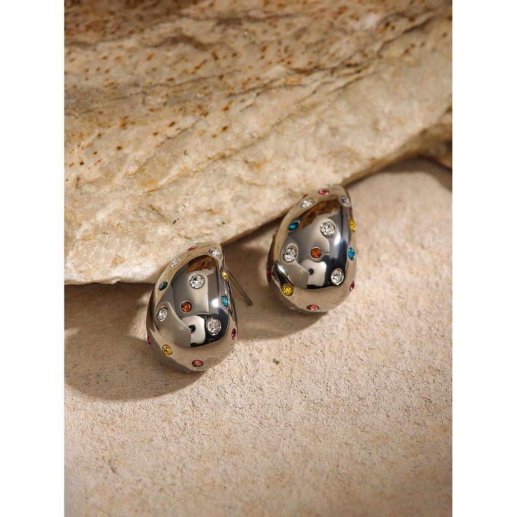 2024 Summer Women's Colorful Rhinestone Teardrop Stud Earrings - Stainless Steel, Niche Design