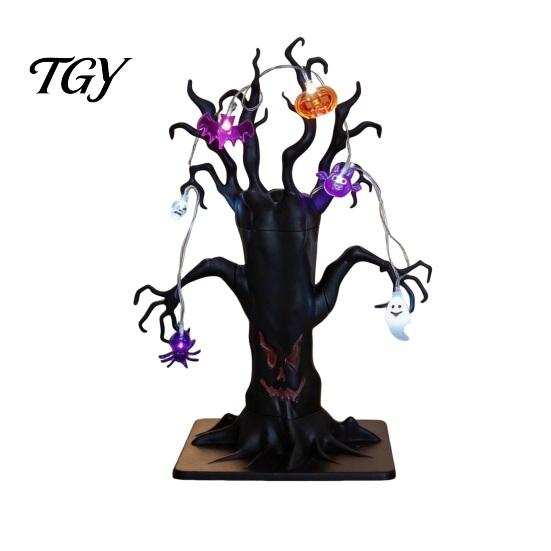 Halloween Themed Showcase Decor Lighted Spooky Dead Tree Tabletop Decor, Ghost Face Haunted Light Up for Party with Pumpkin Spider LED String Lights,