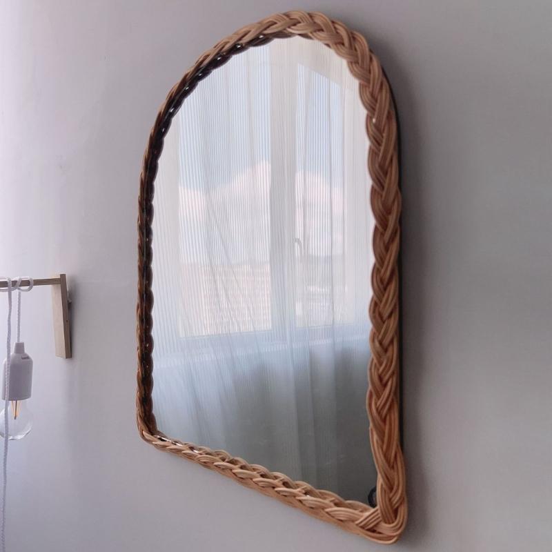 Rattan Wall Mirror with Wooden Framed Farmhouses Arched Wood Mirror for Modern Decorative Bathroom Living Room Entryway