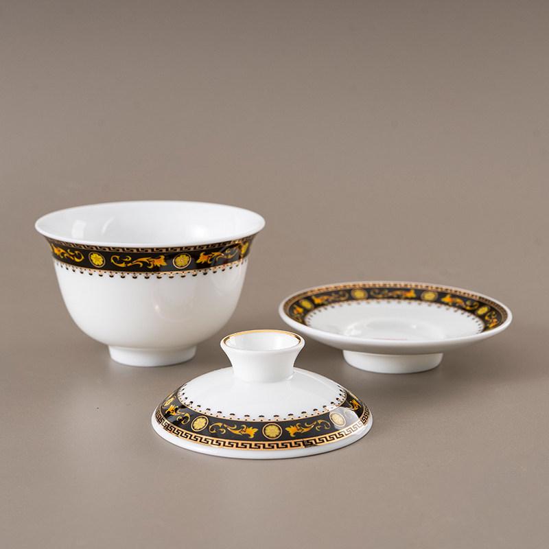 Chinese Style Ceramic Tea Set: White Porcelain Cup with Blue and White Ruyi Covered Bowl for Living Room