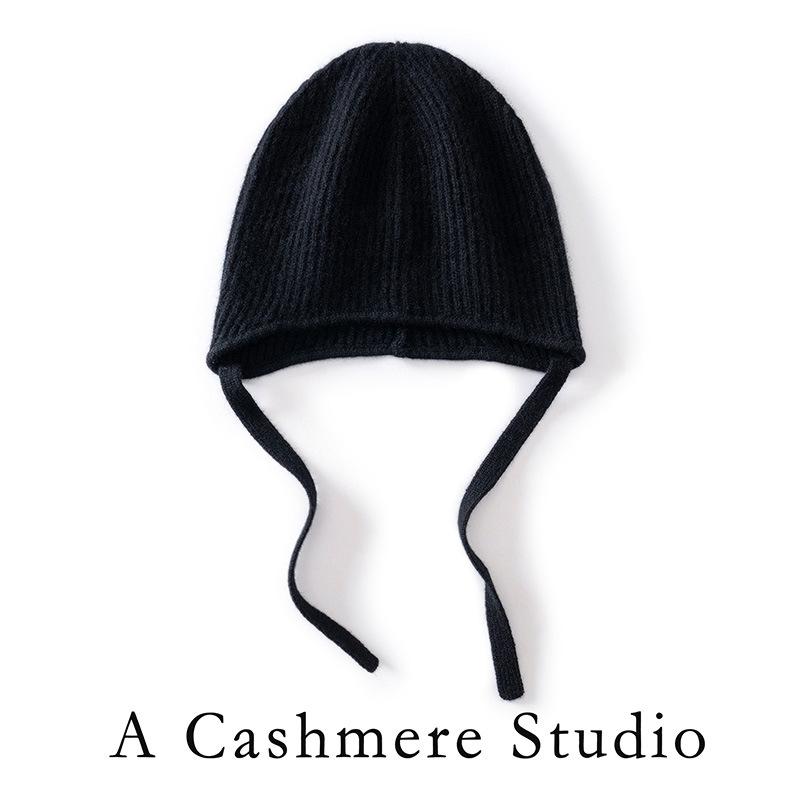 Autumn and Winter New% Pure Cashmere Hat Women's Fashion Lace-up Big Head Circumference Versatile Wool Knitted Ear Hat Tide
