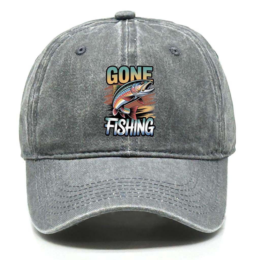 Classic Gone Fishing Dad Hat Vintage Washed Cotton with Fish Graphic Relaxed Outdoor Baseball Cap For Unisex Women