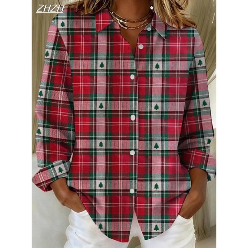 2025 Christmas Women's Geometric Print Blouse, Tropical Vintage Style, Patchwork Button Design, Fall Winter Casual Shirts