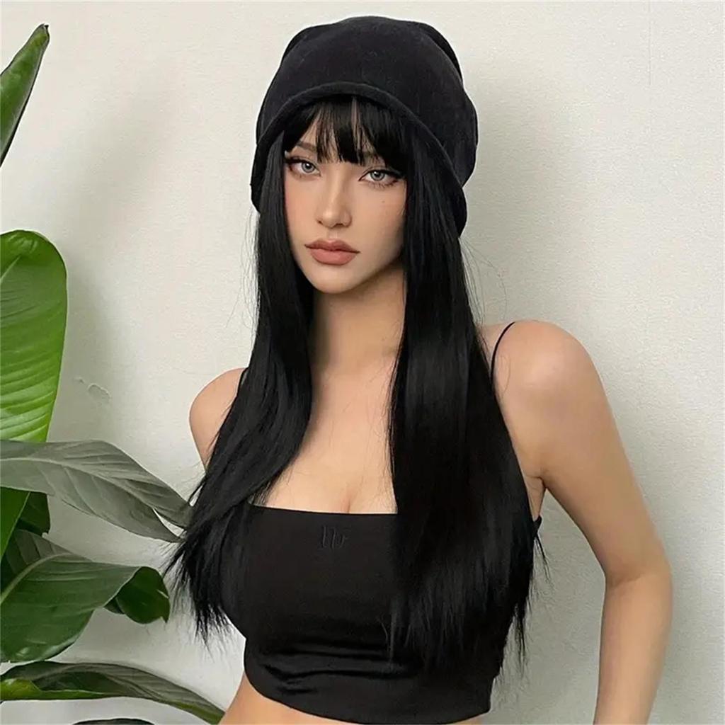 ALAN EATON Women's Black Wigs Long Straight Synthetic Wigs with Bangs Daily Party Cosplay Heat Resistant Fiber Smooth Natural