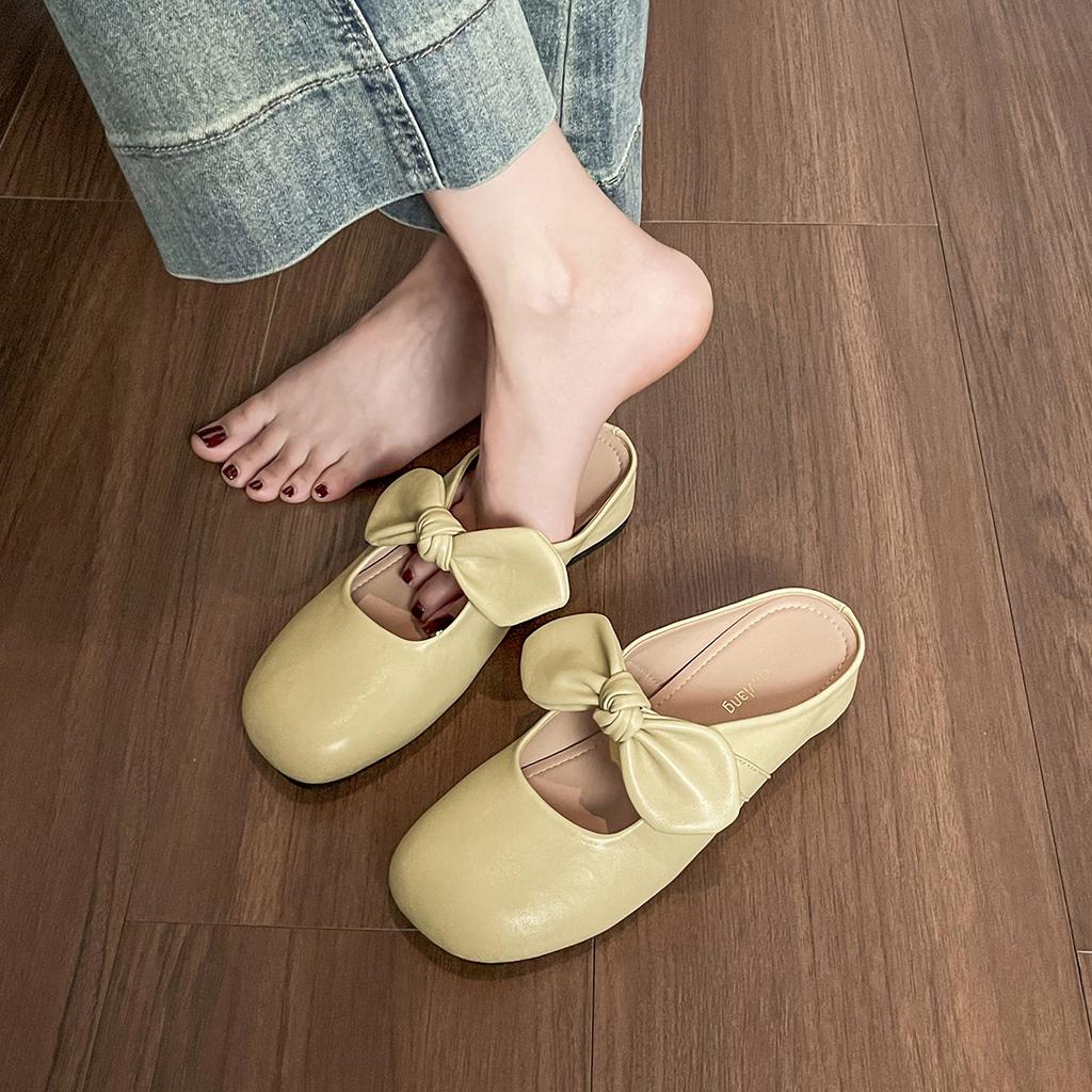 Inwardly Height-increasing Toe Cap Shoes Half-slippers for Women One-legged French Bow Sandals