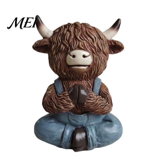 Farmhouse Style Figurines Yoga Highland Cow Resin Figurine, Overalls Statues, Waterproof Healing Atmosphere Decor Garden Ornament for Indoor