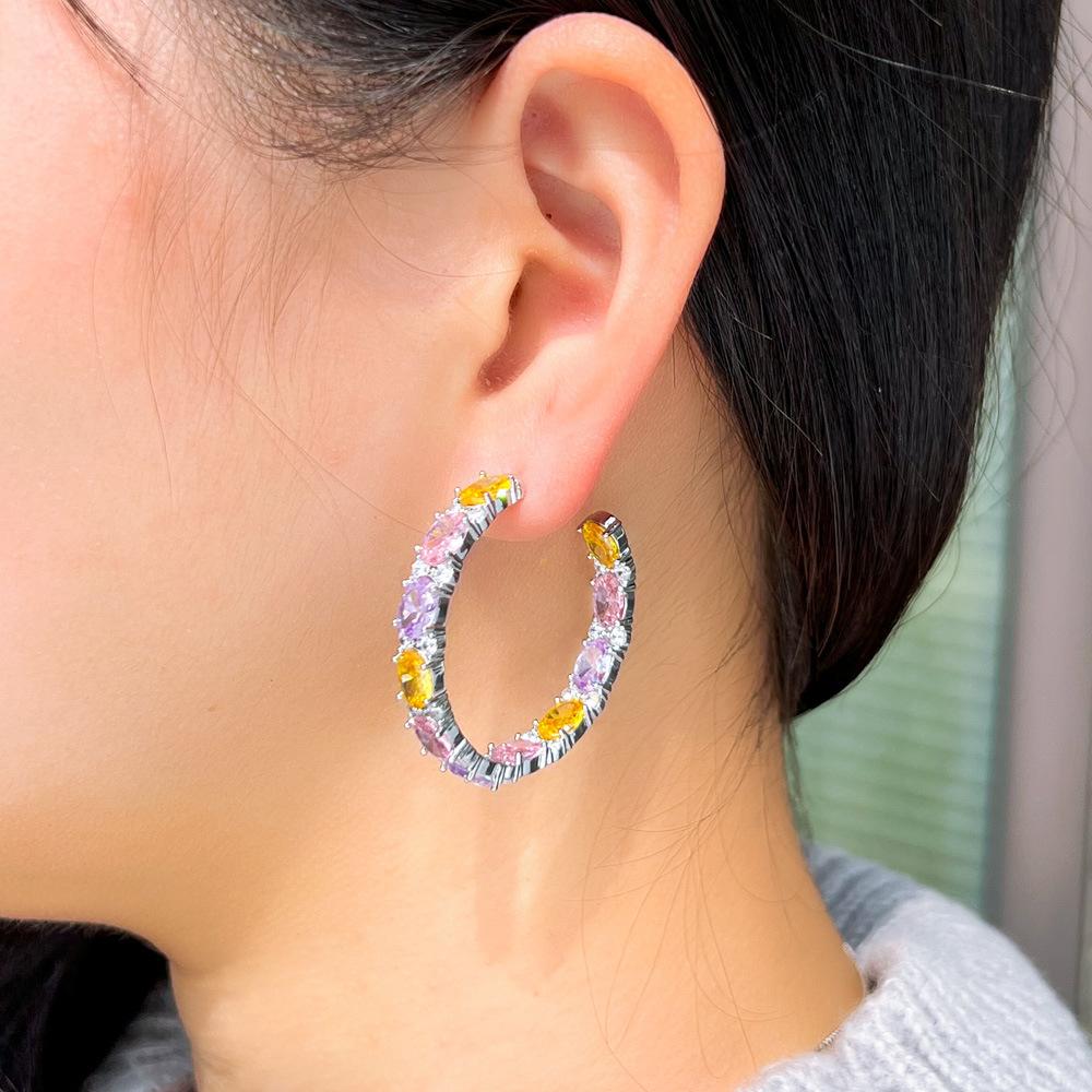 Light Luxury And Colorful Candy C-Shaped Earrings, Rainbow Zircon Circle Earrings, Shining Color Matching Earrings.