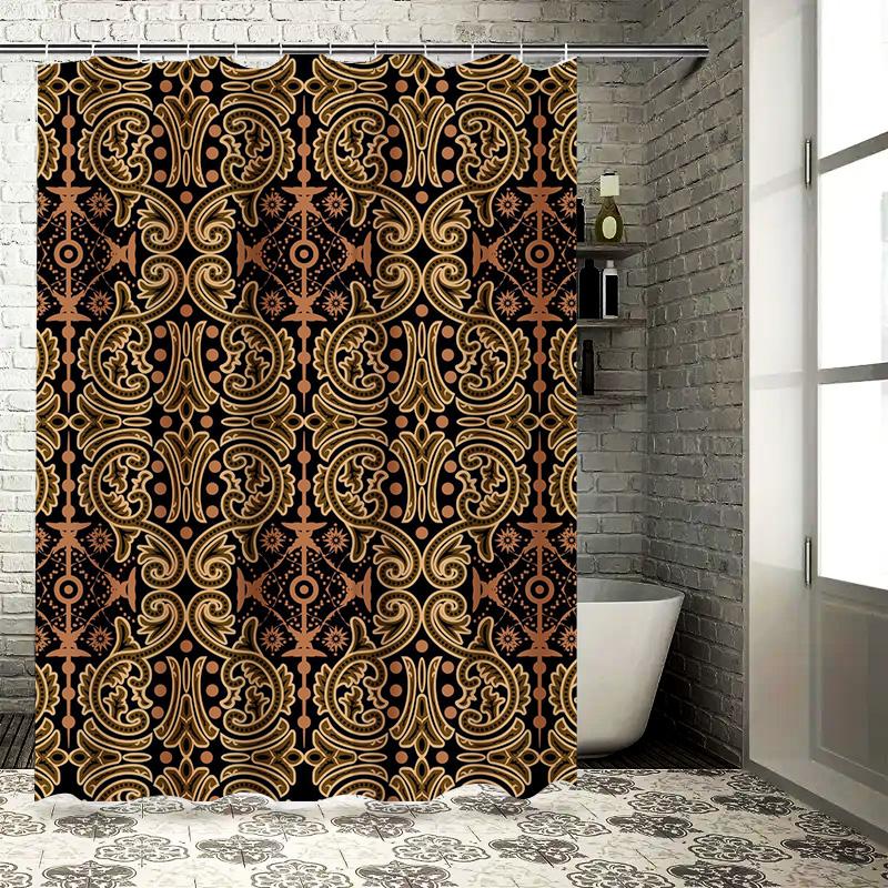 Classic Patterns Shower Curtain Black/Gold Floral Scroll Design for Bathroom Decor Polyester Fabric Waterproof Home Accessory