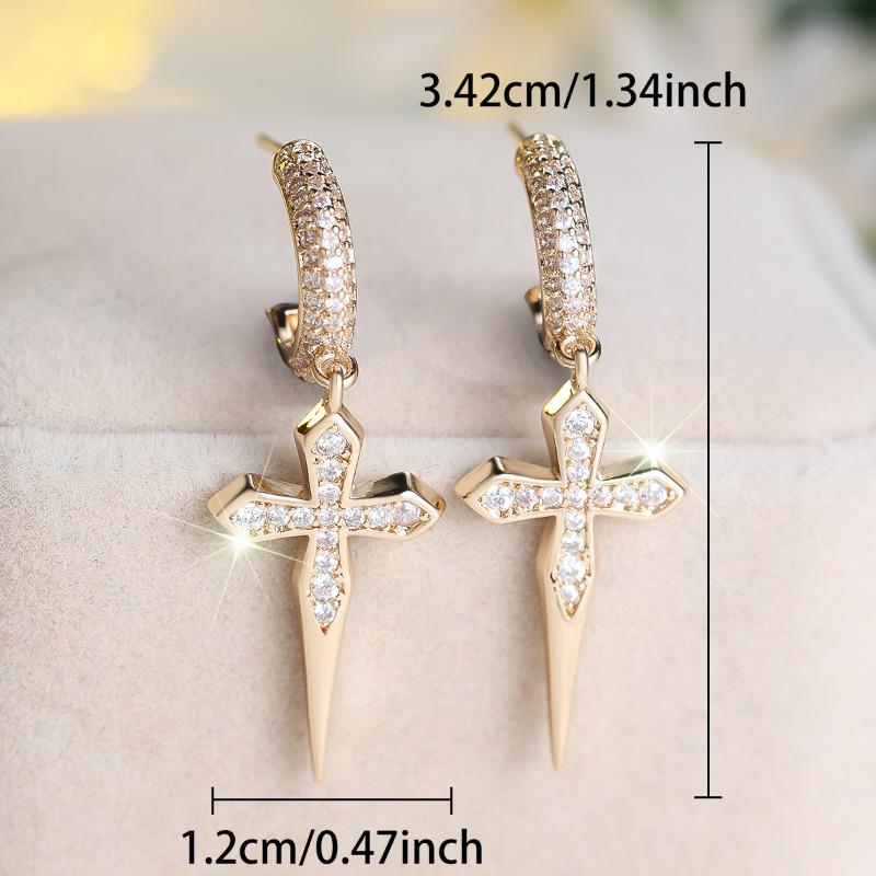 Luxury Gold Color Cross-shaped Earrings for Women White Zircon Fashion Hip Hop Style Jewelry Gift