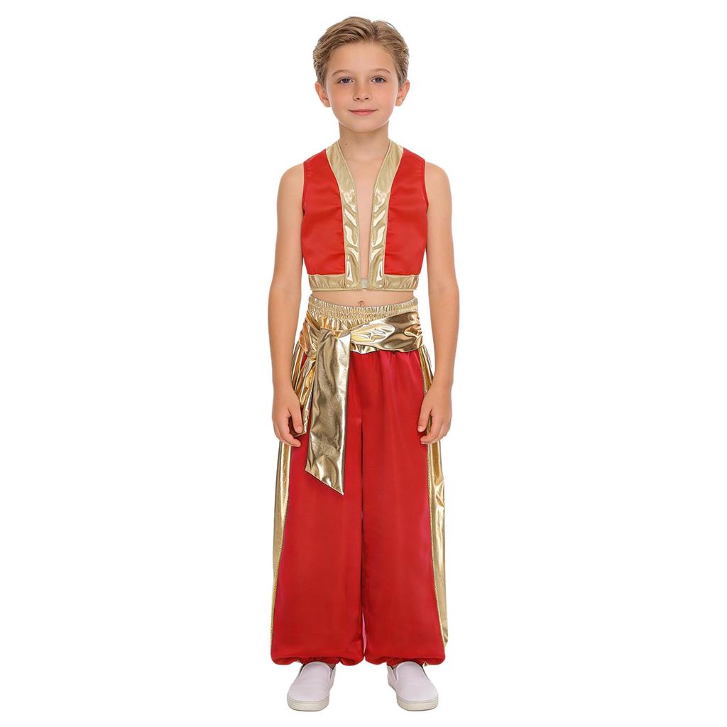 Boys Arab Prince Cosplay Costume 2Pcs: Loose Vest & Metallic Shiny Patchwork Bloomers Harem Pants Outfit for Halloween Party