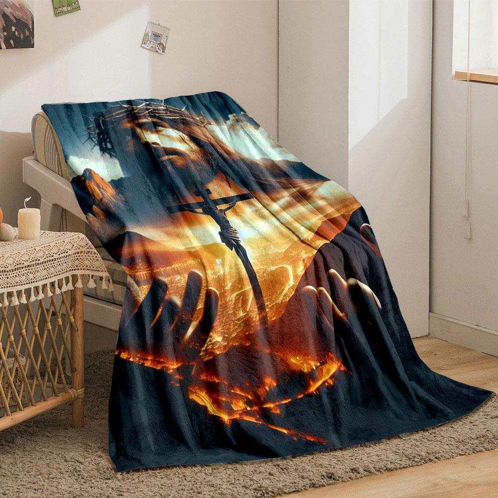 Jesus Cross Calvary Print Blanket  Printed Blanket for Living Room Bed Couch Lunch Break Soft Cozy Blanket for Friend's Festival Gift