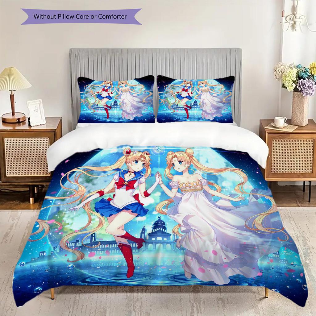 Süßes Cartoon-Thema Sailor Moon Tsukino Usagi Cartoon bequemer Heim-Bettbezug und Kissenbezug (1 * Bettbezug + 2 * Kissenbezug, ohne Füllung)A2