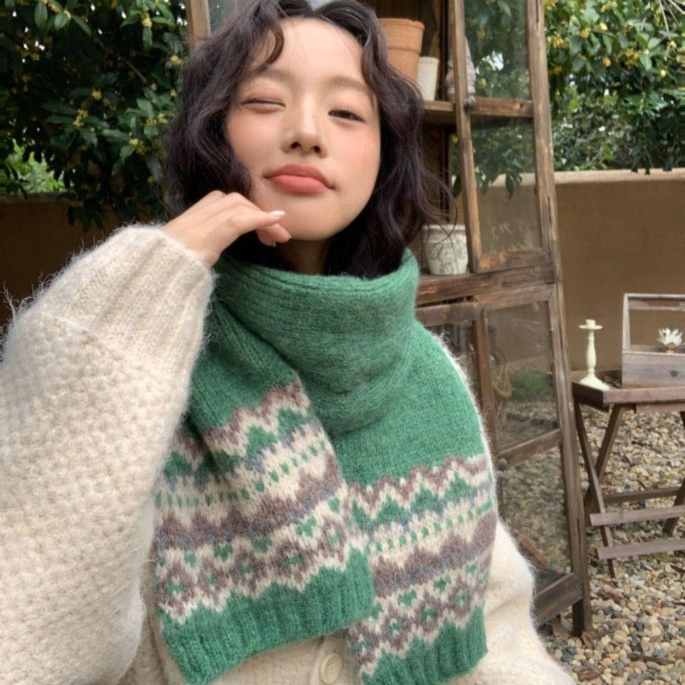 Wool Winter Cashmere Scarves Thicken Fair Isle Style Shawl Simple Jacquard Knitted Scarf Girl