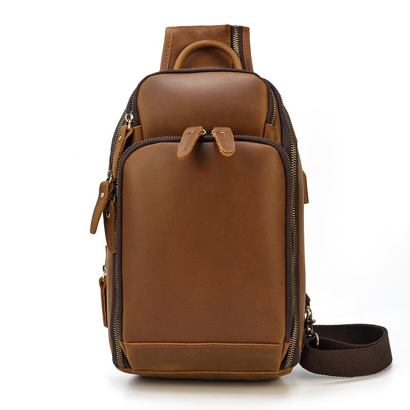 Retro Men'S Leather Breast Bag Usb Multifunctional Charging Crazy Horse Leather Crossbody Bag Men'S Shoulder Bag Large Capacity Backpack