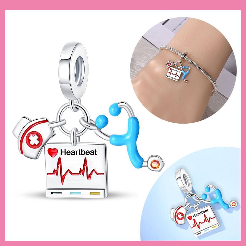 Teeth Protection Copper Red Heart Medical Care Dental Nurse Beads Charm For Original Bracelet Woman Girl Jewelry
